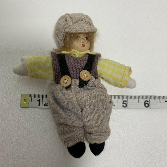 Vintage Doll 6" Small Child Boy Knit Overalls Hat - Picture 3 of 7